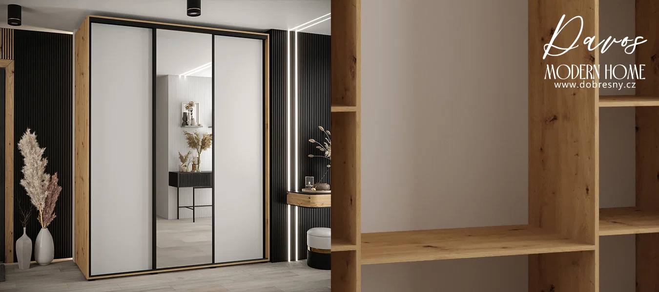 Šatní skříň s posuvnými dveřmi a zrcadlem DAVOS 200cm | DUB Artisan / bílá / černé pojezdy