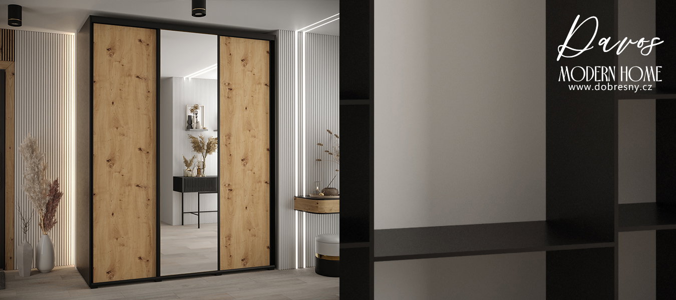 Šatníková skriňa s posuvnými dverami a zrkadlom DAVOS 200cm | Čierna / DUB Artisan / čierne pojazd