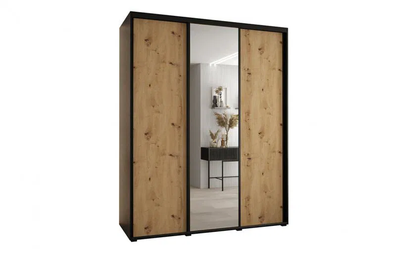 Šatní skříň s posuvnými dveřmi a zrcadlem DAVOS 200cm | Černá / DUB Artisan / černé pojezd