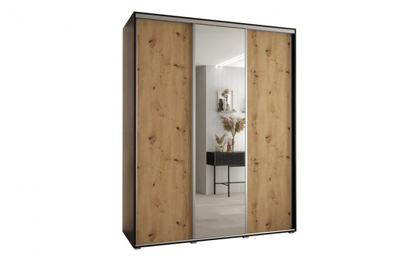 Šatní skříň s posuvnými dveřmi a zrcadlem DAVOS 200cm | Černá / DUB Artisan / stříbrné