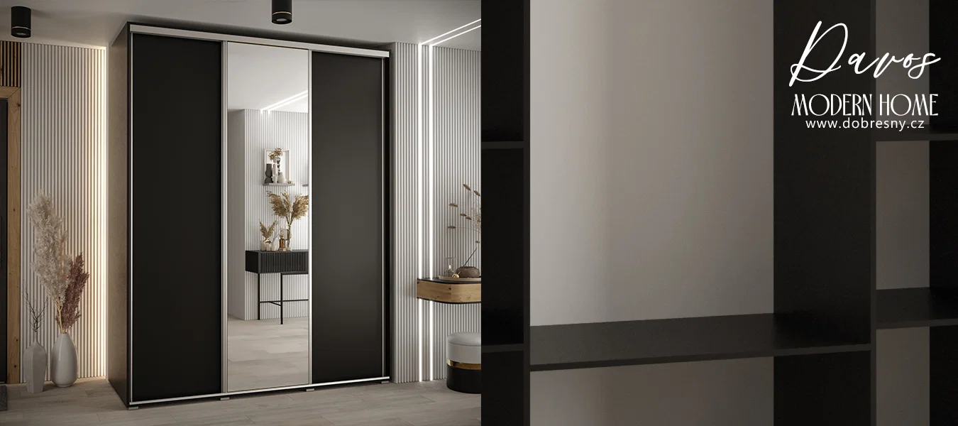 Šatní skříň s posuvnými dveřmi a zrcadlem DAVOS 200cm | Černá / stříbrné pojezdy