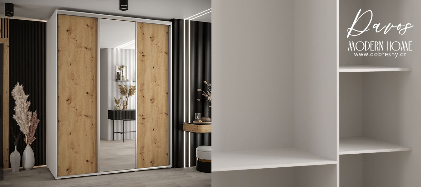 Šatníková skriňa s posuvnými dverami a zrkadlom DAVOS 200cm | Biela / DUB Artisan / strieborné