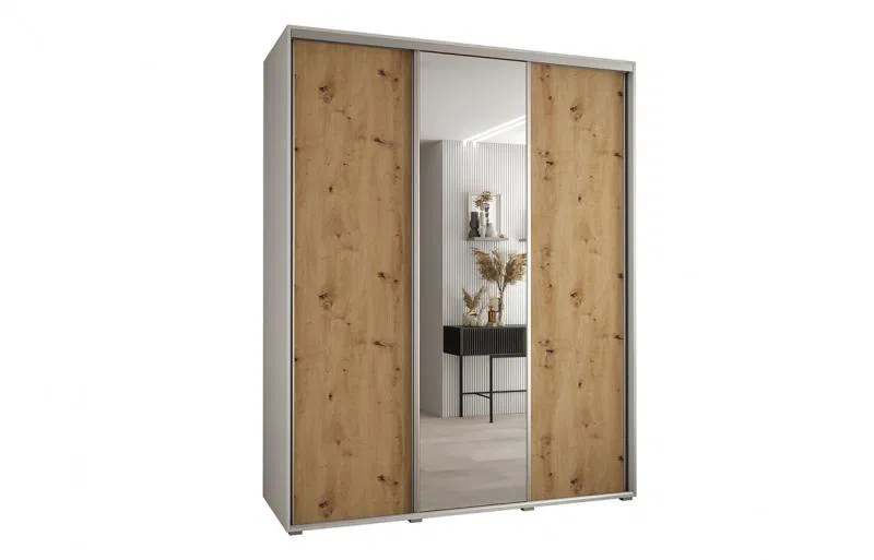 Šatní skříň s posuvnými dveřmi a zrcadlem DAVOS 200cm | Bílá / DUB Artisan / stříbrné