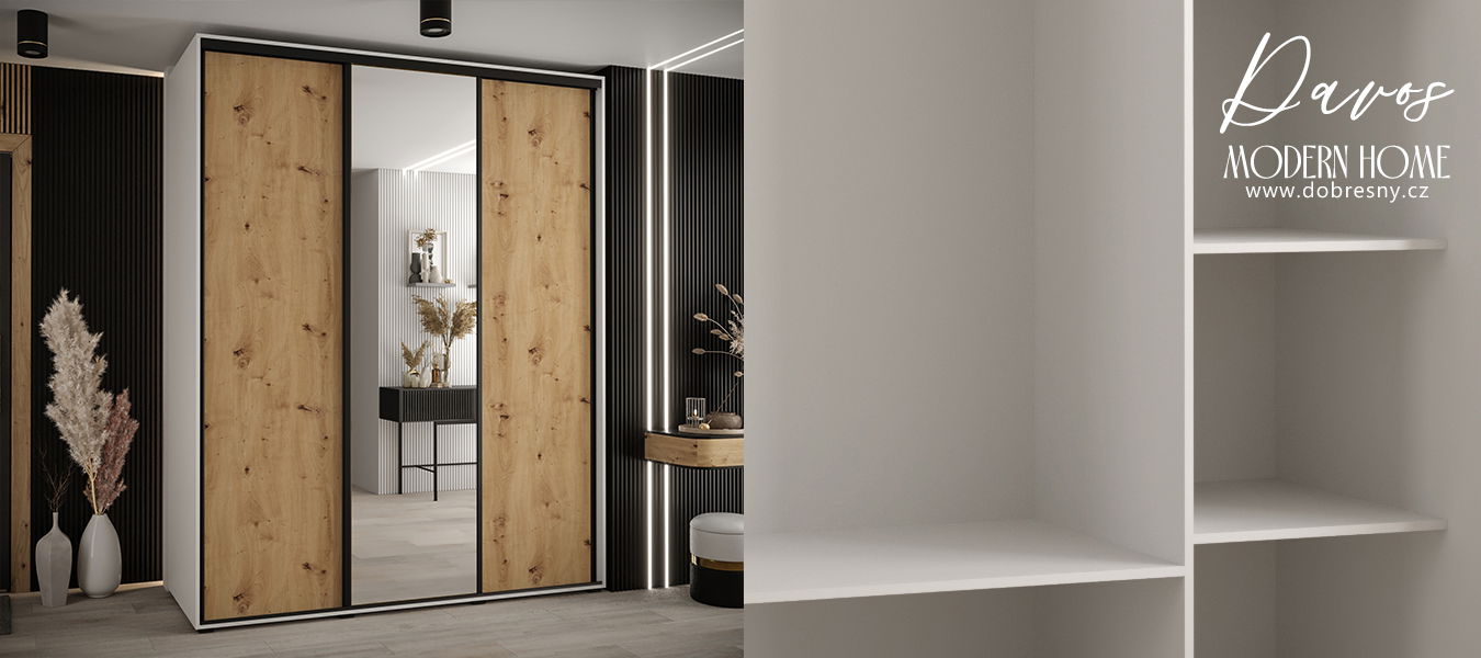 Šatníková skriňa s posuvnými dverami a zrkadlom DAVOS 200cm | Biela / DUB Artisan / čierne pojazdy