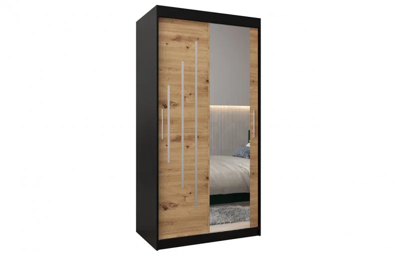 Šatní skříň s posuvnými dveřmi a zrcadlem YORK2 - 100x200cm -Černá-Dub Artisan-