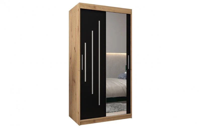 Šatní skříň s posuvnými dveřmi a zrcadlem YORK2 - 100x200cm -Dub Artisan-Černá-