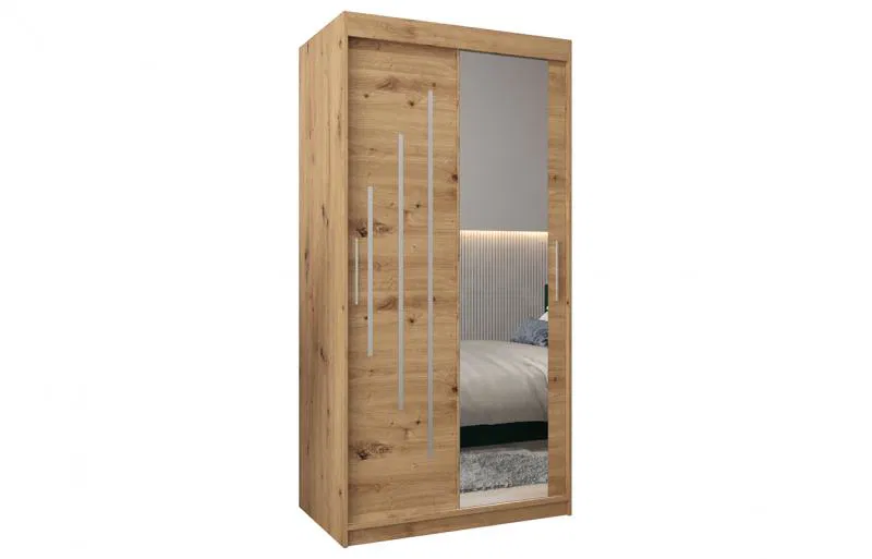 Šatní skříň s posuvnými dveřmi a zrcadlem YORK2 - 100x200cm -Dub Artisan-
