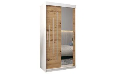 Šatní skříň s posuvnými dveřmi a zrcadlem YORK2 - 100x200cm -Bílá-Dub Artisan-