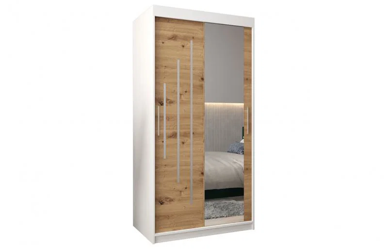 Šatní skříň s posuvnými dveřmi a zrcadlem YORK2 - 100x200cm -Bílá-Dub Artisan-