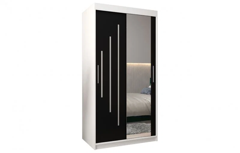 Šatní skříň s posuvnými dveřmi a zrcadlem YORK2 - 100x200cm -Bílá-Černá-
