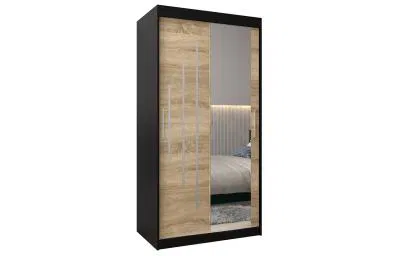 Šatní skříň s posuvnými dveřmi a zrcadlem YORK2 - 100x200cm -Černá-Dub Sonoma-