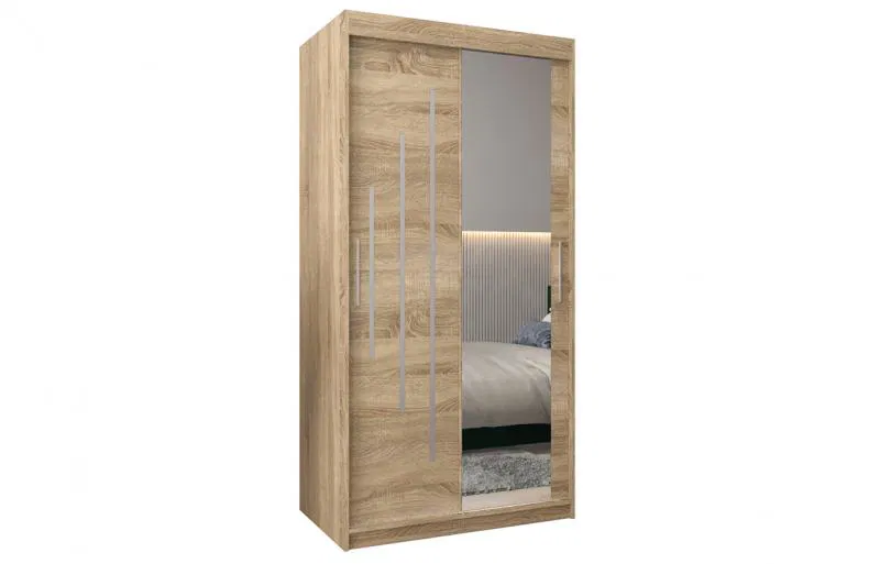 Šatní skříň s posuvnými dveřmi a zrcadlem YORK2 - 100x200cm -Dub Sonoma-