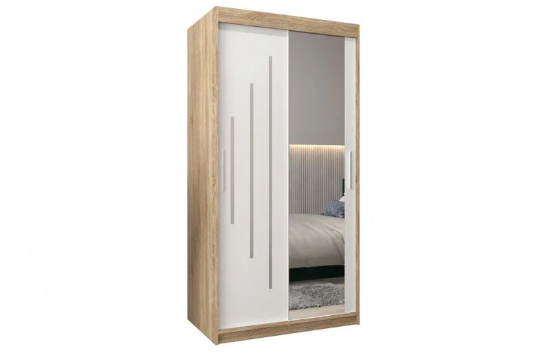 Šatní skříň s posuvnými dveřmi a zrcadlem YORK2 - 100x200cm -Dub Sonoma-Bílá-