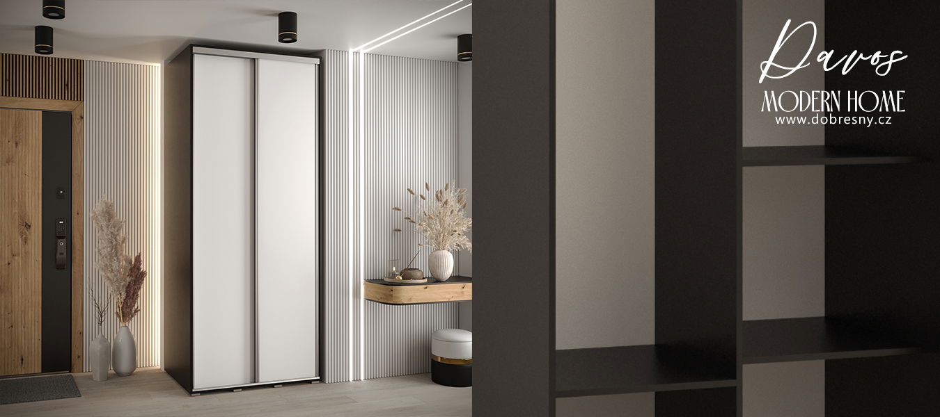Šatníková skriňa s posuvnými dverami DAVOS 100cm | Čierna / biela / strieborné pojazdy