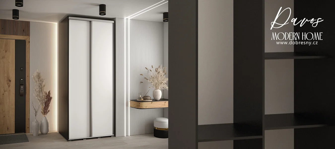 Šatní skříň s posuvnými dveřmi DAVOS 100cm | Černá / bílá / stříbrné pojezdy