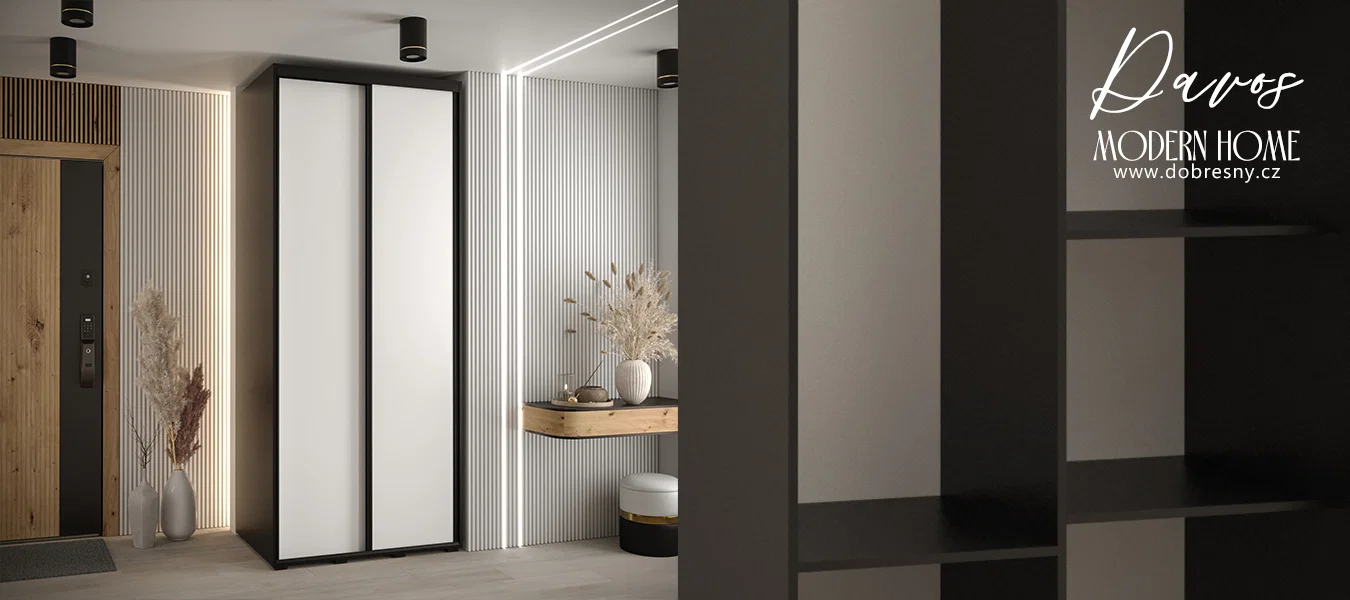 Šatní skříň s posuvnými dveřmi DAVOS 100cm | Černá / bílá / černé pojezdy