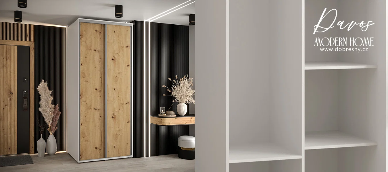 Šatní skříň s posuvnými dveřmi DAVOS 100cm | Bílá / DUB Artisan / stříbrné