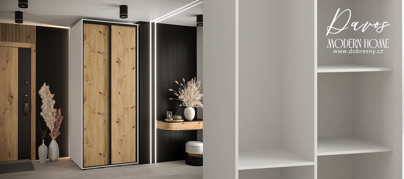 Šatníková skriňa s posuvnými dverami DAVOS 100cm | Biela / DUB Artisan / čierne pojazdy