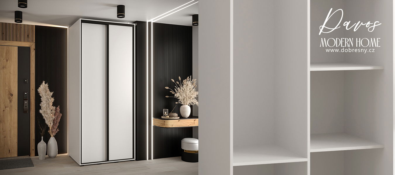 Šatníková skriňa s posuvnými dverami DAVOS 100 cm | Biela / čierne pojazdy