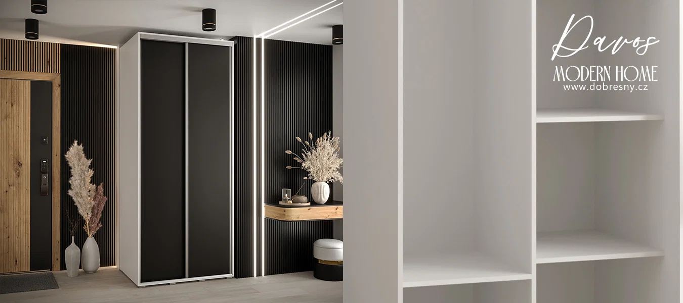 Šatní skříň s posuvnými dveřmi DAVOS 100cm | Bílá / černá / stříbrné pojezdy