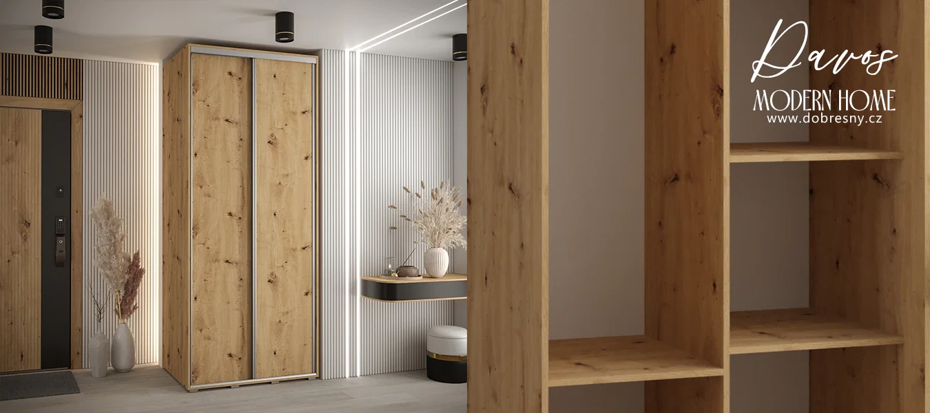 Šatní skříň s posuvnými dveřmi DAVOS 100cm | DUB Artisan / stříbrné pojezdy