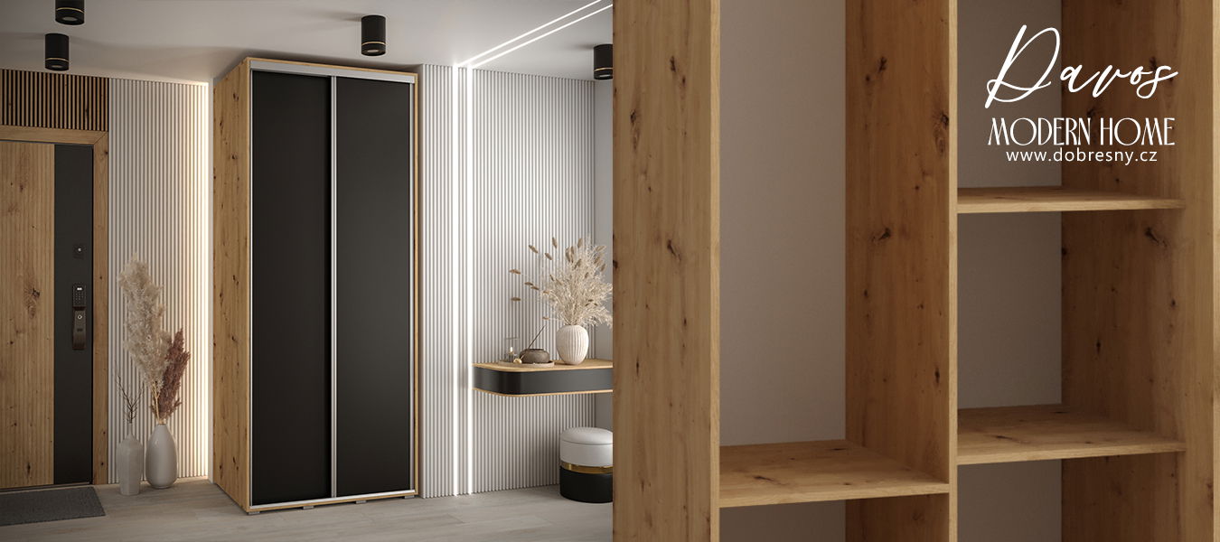 Šatníková skriňa s posuvnými dverami DAVOS 100cm | DUB Artisan / čierna / strieborné