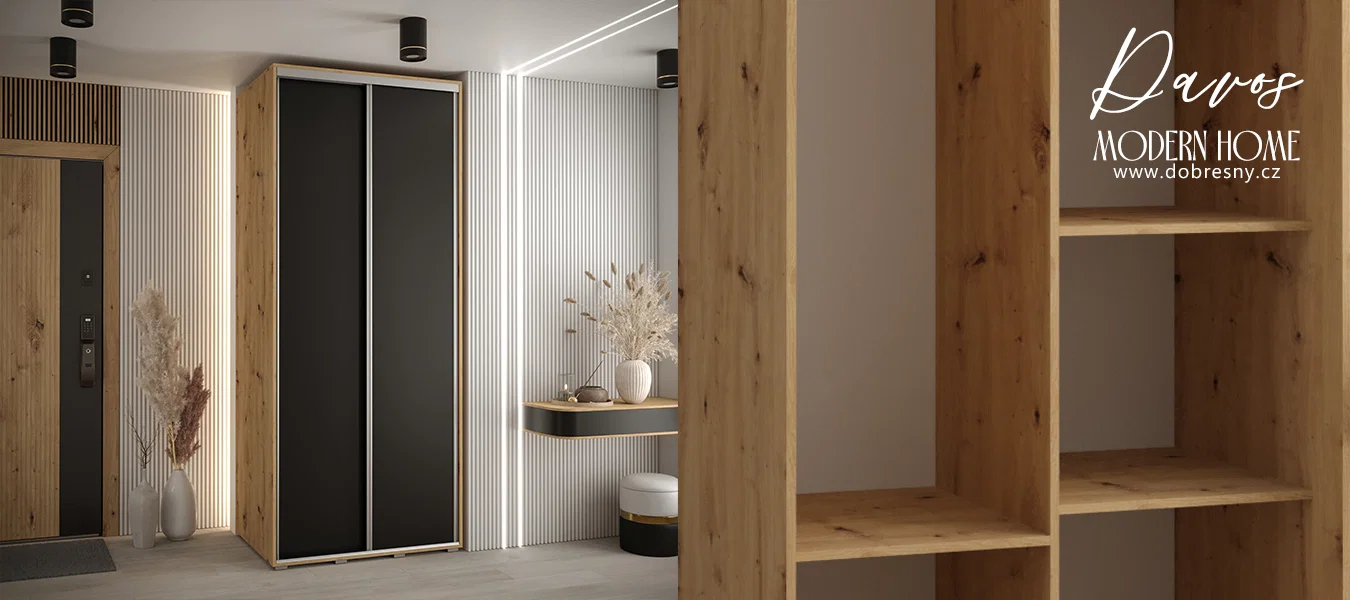 Šatní skříň s posuvnými dveřmi DAVOS 100cm | DUB Artisan / černá / stříbrné