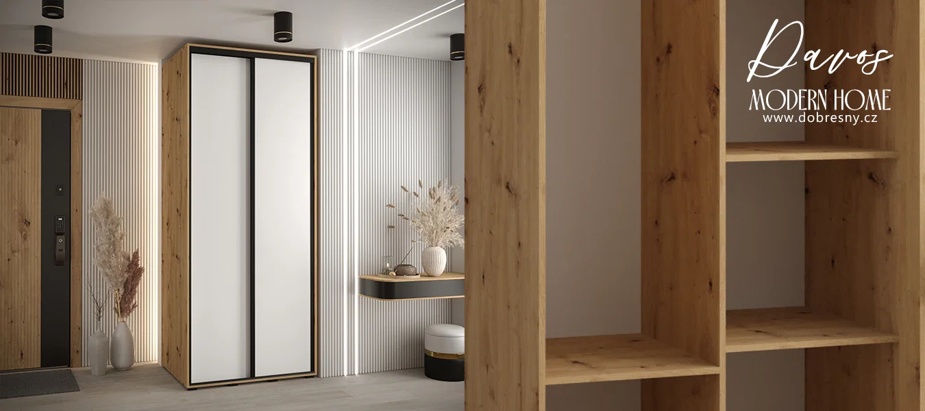 Šatní skříň s posuvnými dveřmi DAVOS 100cm | DUB Artisan / bílá / černé pojezdy
