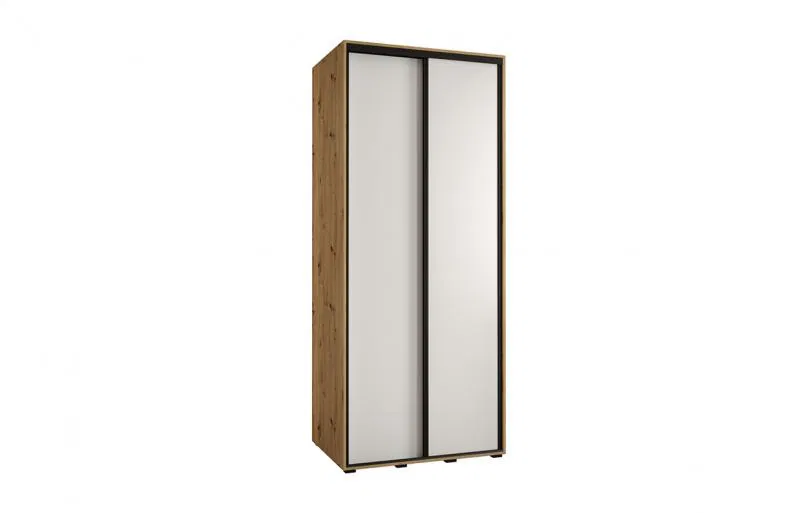 Šatní skříň s posuvnými dveřmi DAVOS 100cm | DUB Artisan / bílá / černé pojezdy