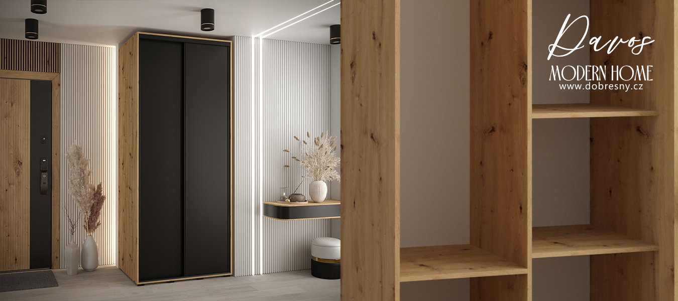 Šatníková skriňa s posuvnými dverami DAVOS 120cm | DUB Artisan / čierna / čierne pojazdy