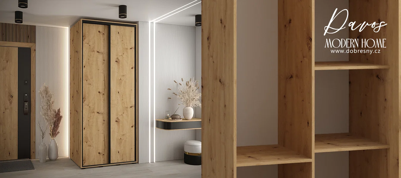 Šatní skříň s posuvnými dveřmi DAVOS 120cm | DUB Artisan / černé pojezdy