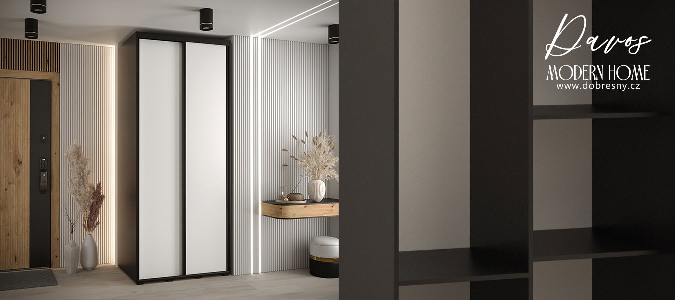 Šatníková skriňa s posuvnými dverami DAVOS 120cm | Čierna / biela / čierne pojazdy