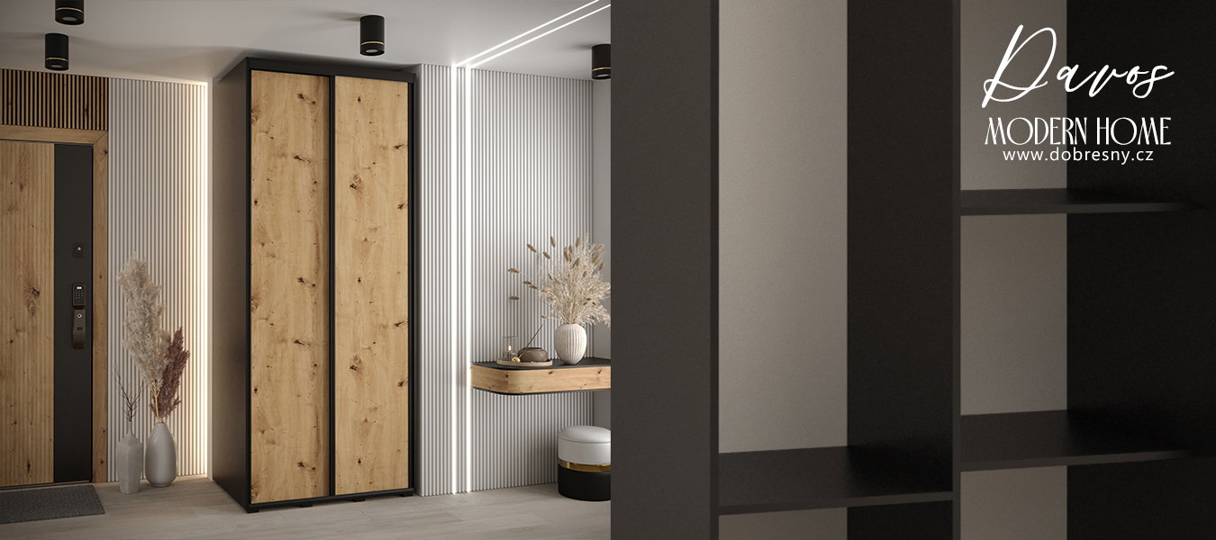 Šatníková skriňa s posuvnými dverami DAVOS 120cm | Čierna / DUB Artisan / čierne pojazdy