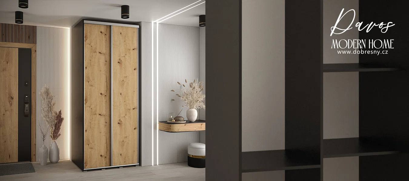 Šatní skříň s posuvnými dveřmi DAVOS 120cm | Černá / DUB Artisan / stříbrné