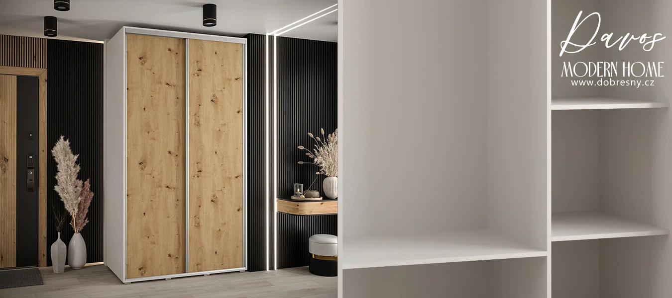 Šatní skříň s posuvnými dveřmi DAVOS 140cm | Bílá / DUB Artisan / stříbrné