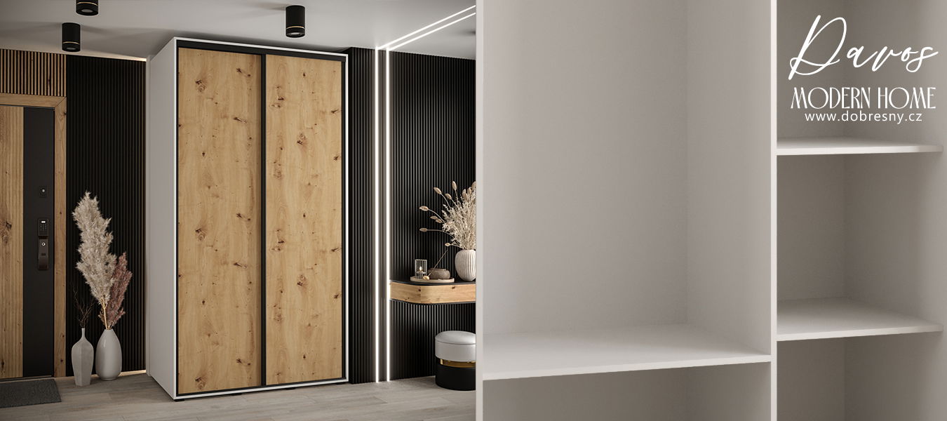 Šatníková skriňa s posuvnými dverami DAVOS 140cm | Biela / DUB Artisan / čierne pojazdy