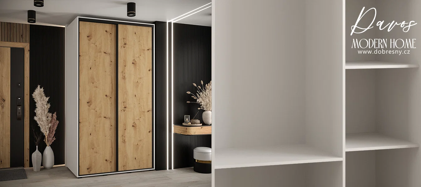 Šatní skříň s posuvnými dveřmi DAVOS 140cm | Bílá / DUB Artisan / černé