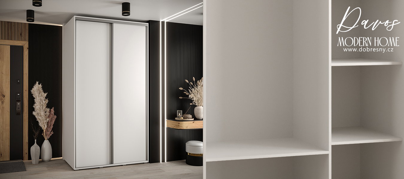 Šatníková skriňa s posuvnými dverami DAVOS 140cm | Biela / strieborné pojazdy