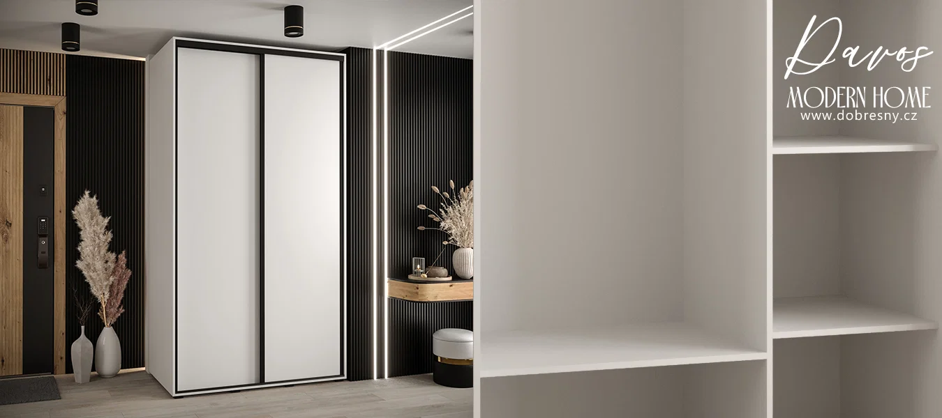 Šatní skříň s posuvnými dveřmi DAVOS 140 cm | Bílá / černé pojezdy