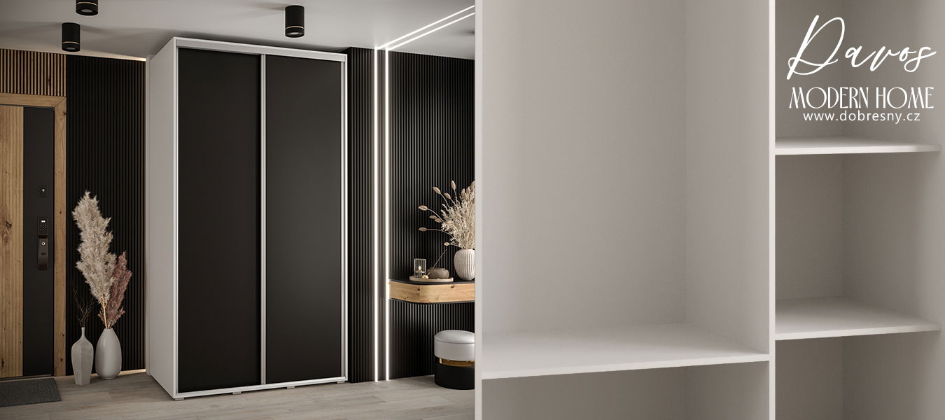 Šatníková skriňa s posuvnými dverami DAVOS 140cm | Biela / čierna / strieborné pojazdy