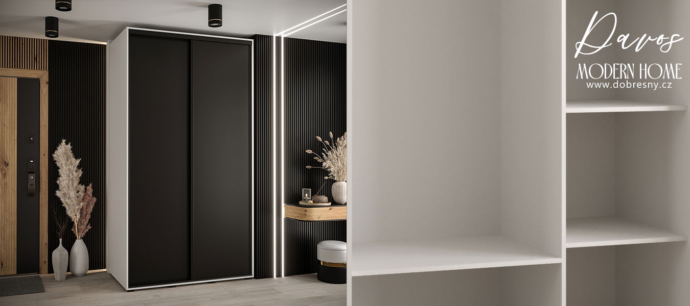 Šatníková skriňa s posuvnými dverami DAVOS 140cm | Biela / čierna / čierne pojazdy
