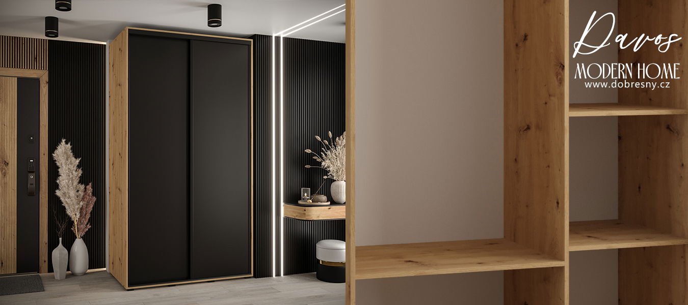 Šatníková skriňa s posuvnými dverami DAVOS 140cm | DUB Artisan / čierna / čierne pojazdy