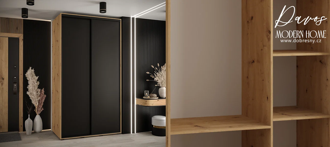 Šatní skříň s posuvnými dveřmi DAVOS 140cm | DUB Artisan / černá / černé pojezdy