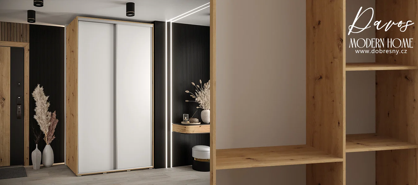 Šatní skříň s posuvnými dveřmi DAVOS 140cm | DUB Artisan / bílá / stříbrné