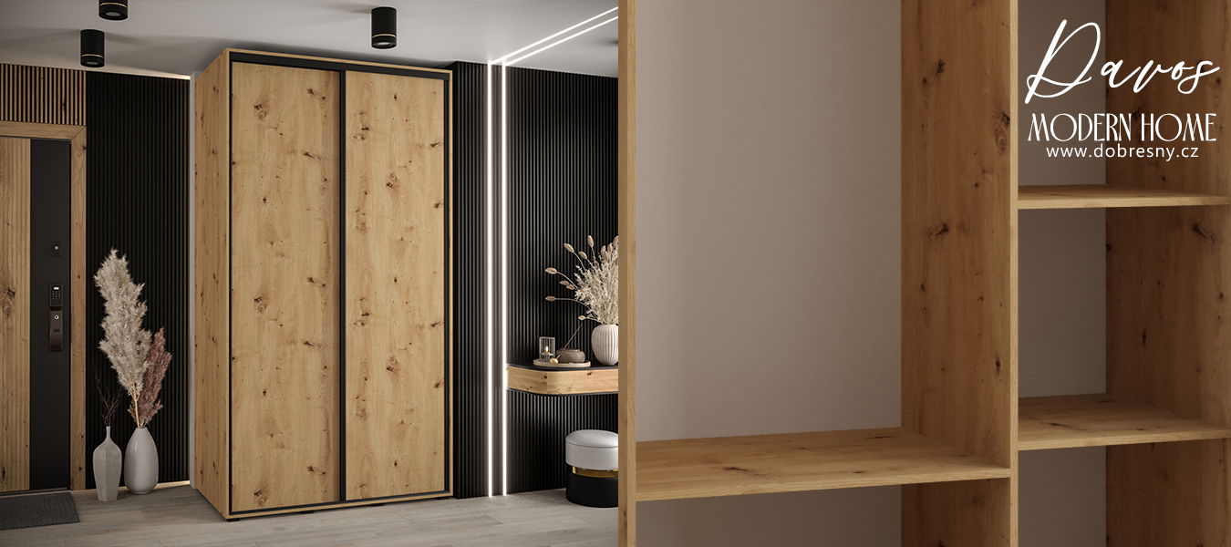 Šatníková skriňa s posuvnými dverami DAVOS 140cm | DUB Artisan / čierne pojazdy