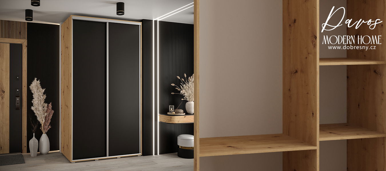 Šatníková skriňa s posuvnými dverami DAVOS 140cm | DUB Artisan / čierna / strieborné