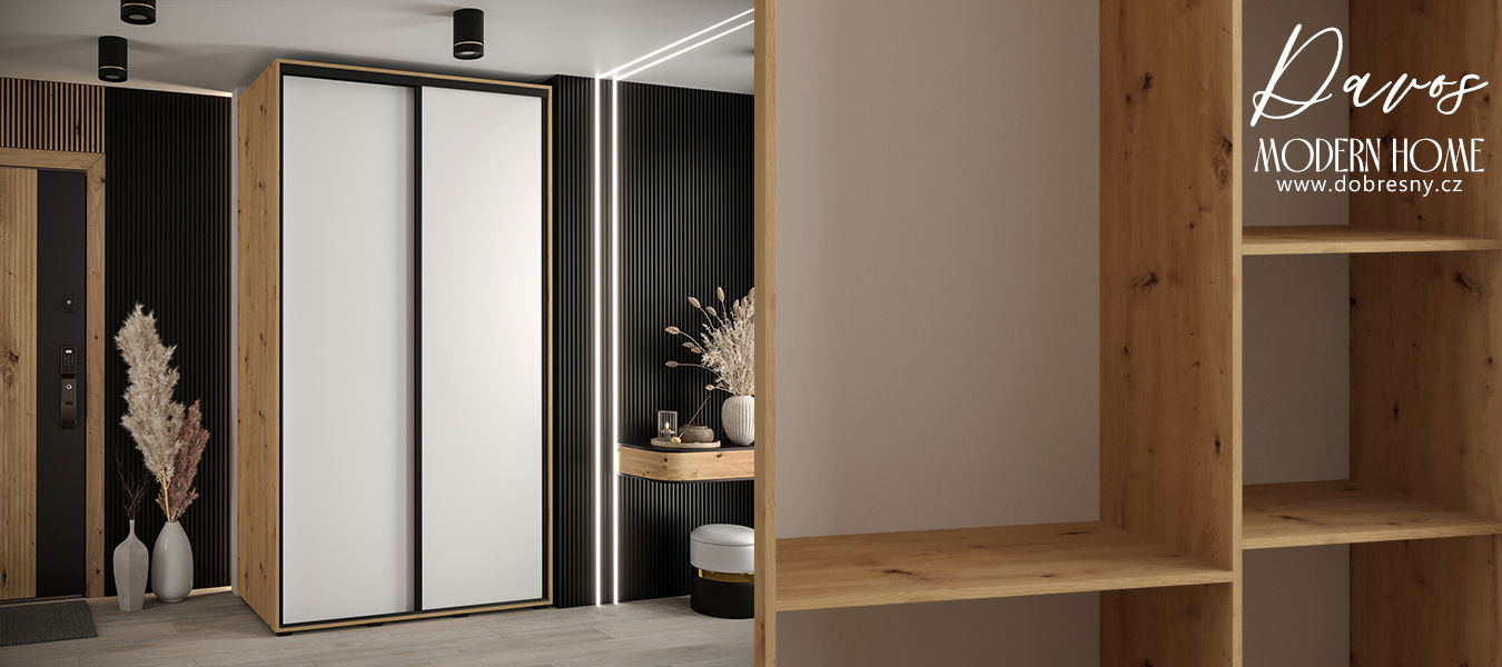 Šatníková skriňa s posuvnými dverami DAVOS 140cm | DUB Artisan / biela / čierne pojazdy