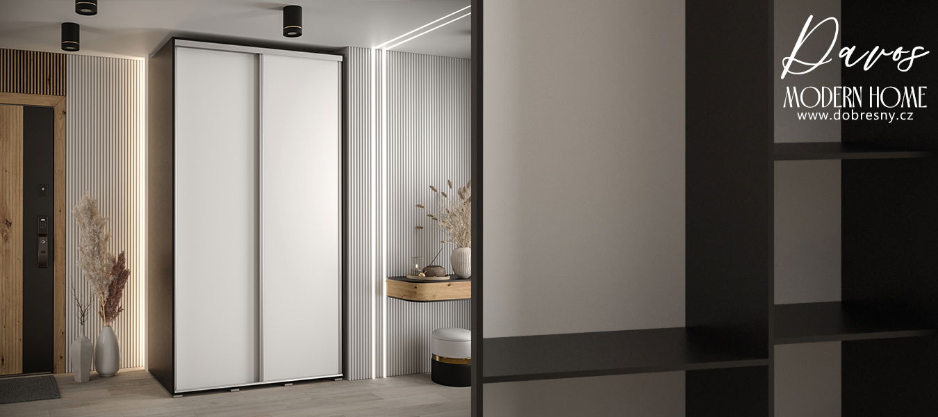 Šatníková skriňa s posuvnými dverami DAVOS 140cm | Čierna / biela / strieborné pojazdy