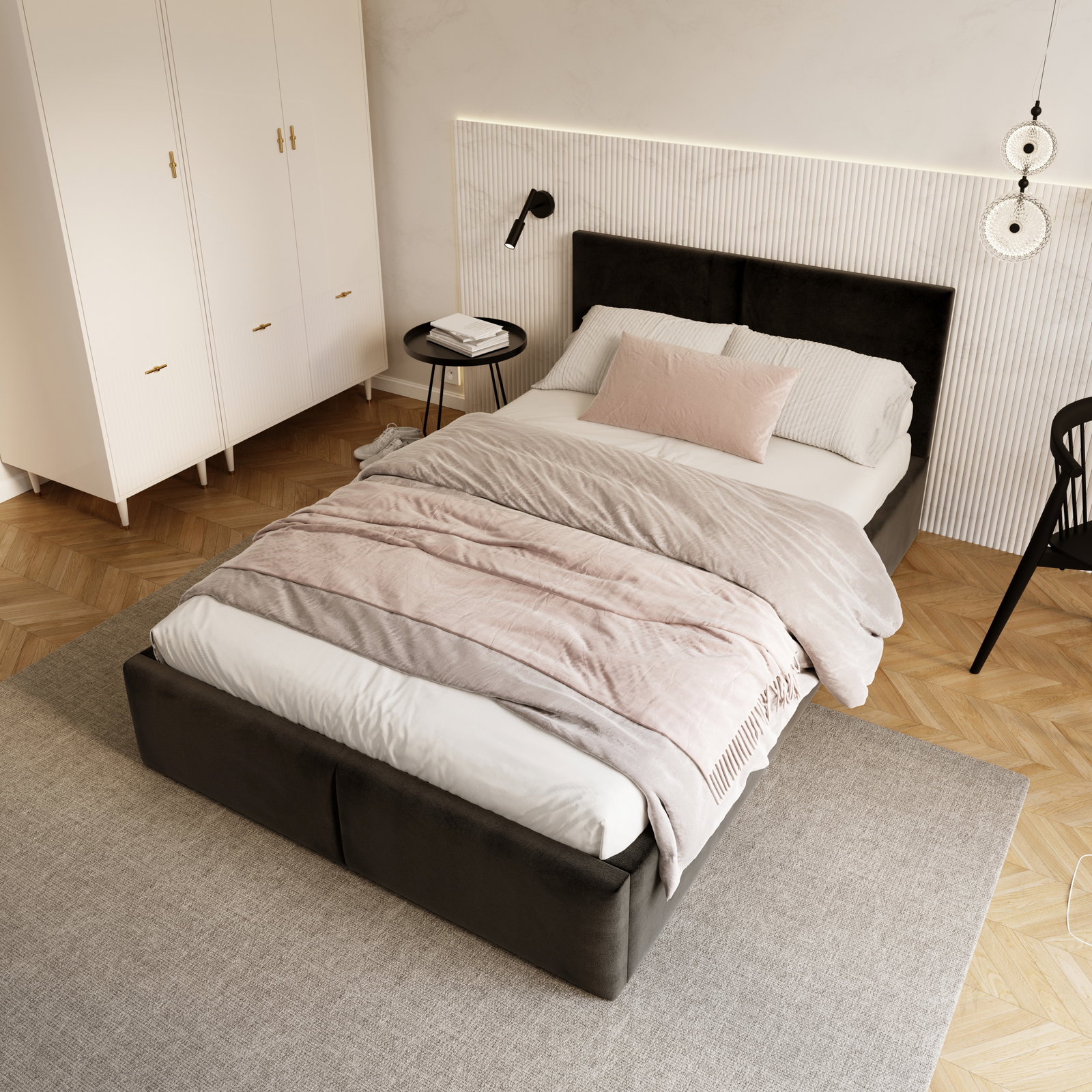 Čalúnená posteľ AMBER 120x200 Čierna Trinity s úložným priestorom a dreveným roštom