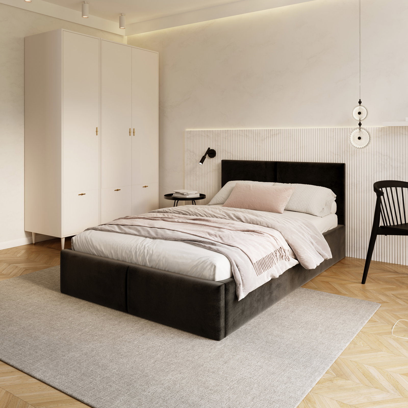 Čalúnená posteľ AMBER 90x200 Čierna Trinity s úložným priestorom a dreveným roštom